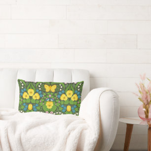 Yellow pansies, birds and butterflies lumbar cushion