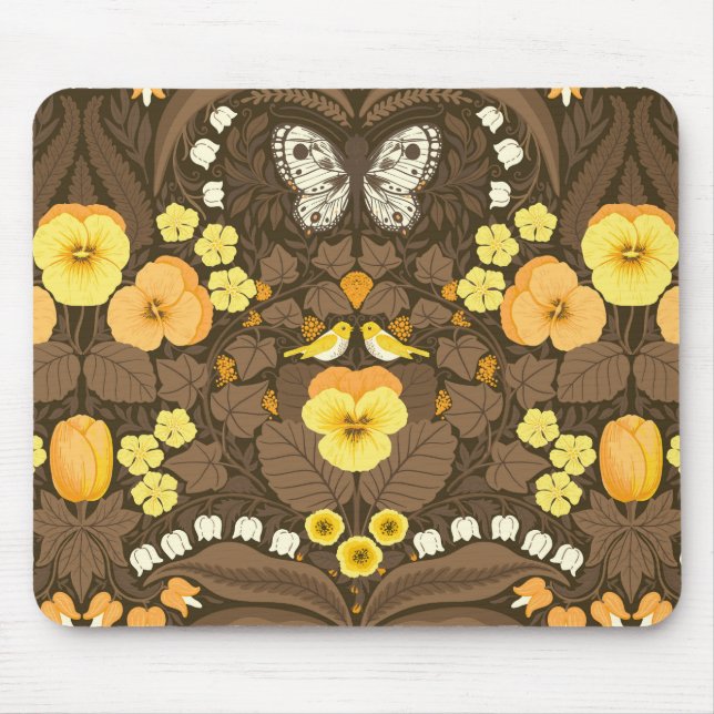 Yellow pansies, birds and butterflies mouse pad (Front)