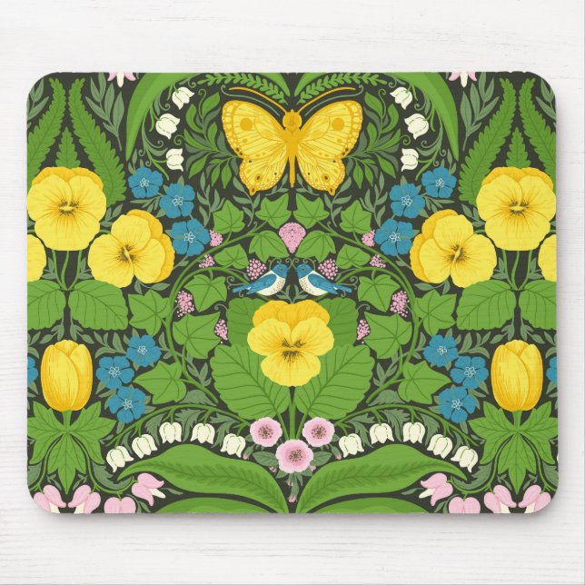 Yellow pansies, birds and butterflies mouse pad (Front)