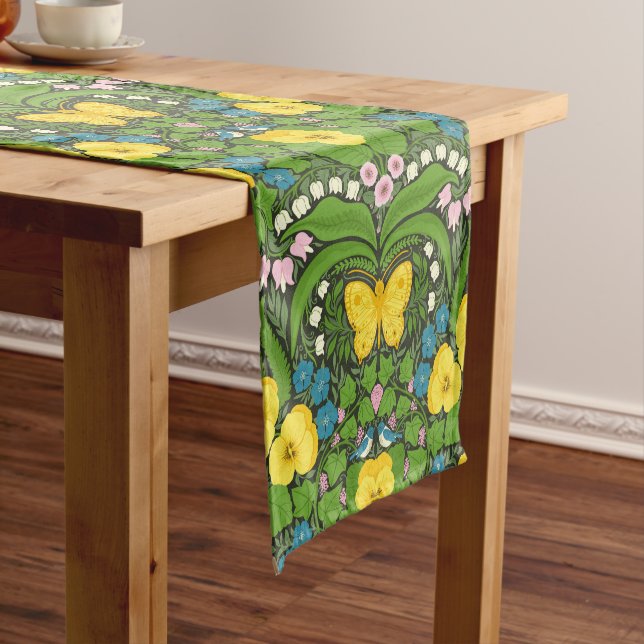 Yellow pansies, birds and butterflies short table runner (In Situ)