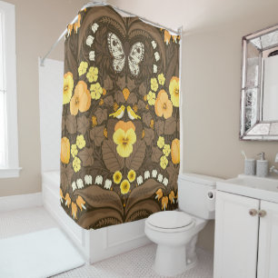 Yellow pansies, birds and butterflies shower curtain