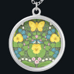 Yellow pansies, birds and butterflies silver plated necklace<br><div class="desc">Hand-painted garden wallpaper with pansies,  lilies,  bleeding hearts flowers,  leaves,  birds and butterflies. seamless pattern</div>