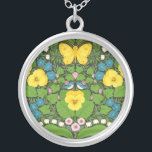 Yellow pansies, birds and butterflies silver plated necklace<br><div class="desc">Hand-painted garden wallpaper with pansies,  lilies,  bleeding hearts flowers,  leaves,  birds and butterflies. seamless pattern</div>