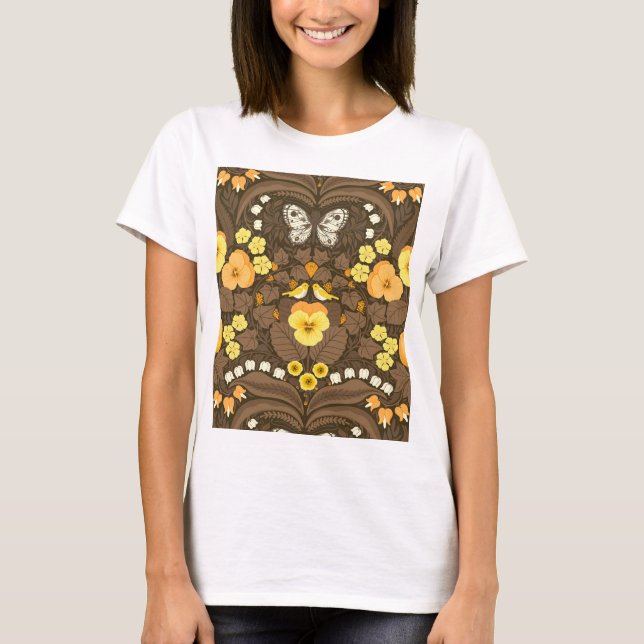 Yellow pansies, birds and butterflies T-Shirt (Front)