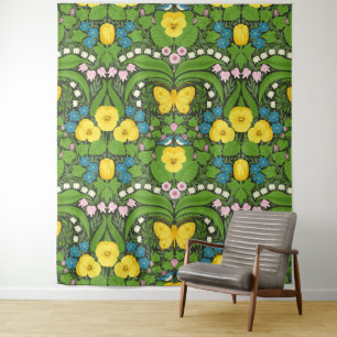 Yellow pansies, birds and butterflies tapestry