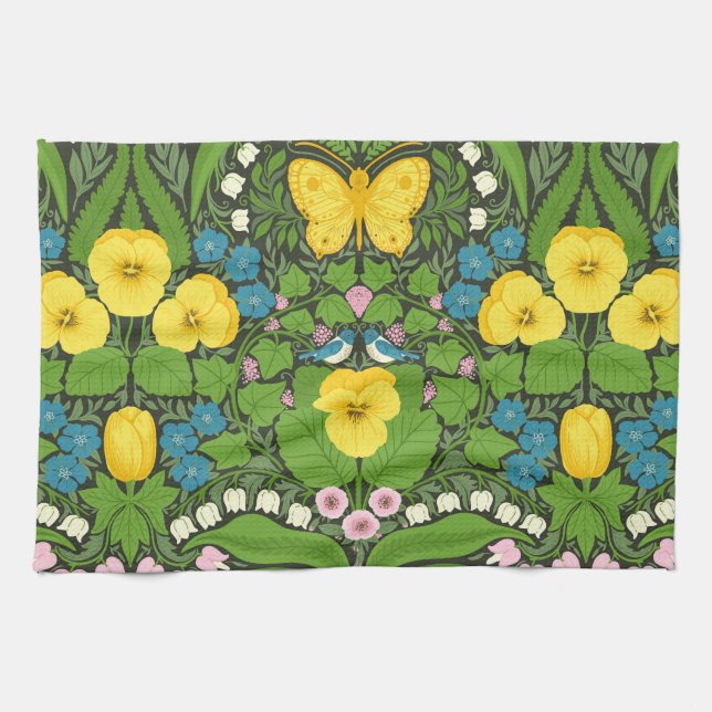 Yellow pansies, birds and butterflies tea towel (Horizontal)
