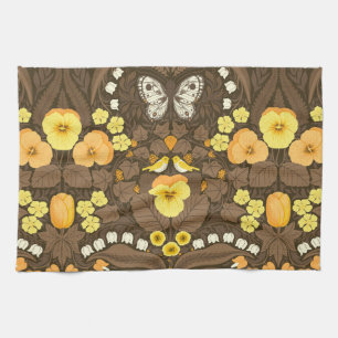 Yellow pansies, birds and butterflies tea towel