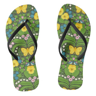 Yellow pansies, birds and butterflies thongs