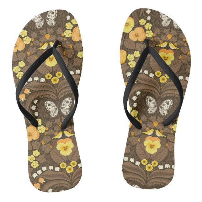 Yellow pansies, birds and butterflies thongs (Footbed)