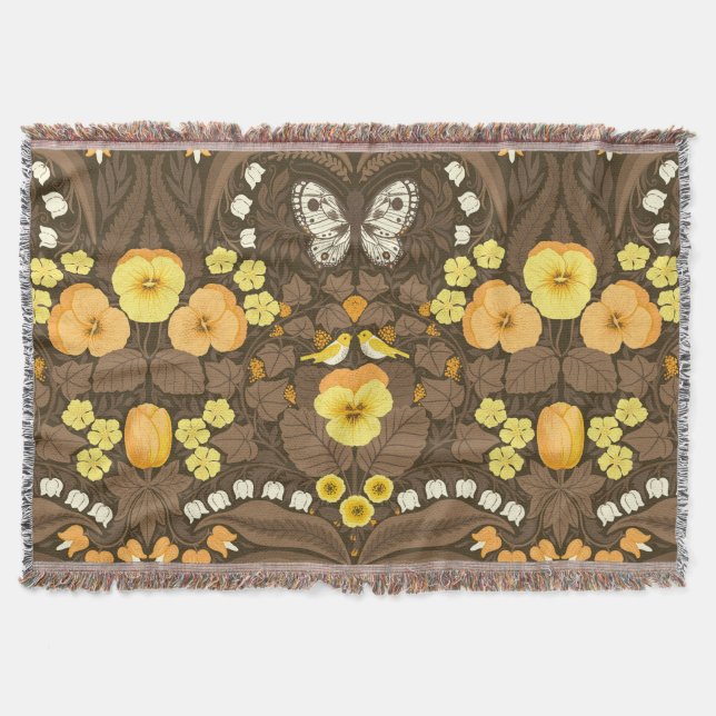 Yellow pansies, birds and butterflies throw blanket (Front)