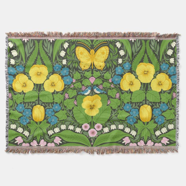 Yellow pansies, birds and butterflies throw blanket (Front)