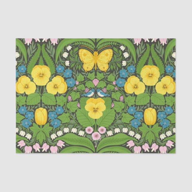 Yellow pansies, birds and butterflies tissue paper (Front)