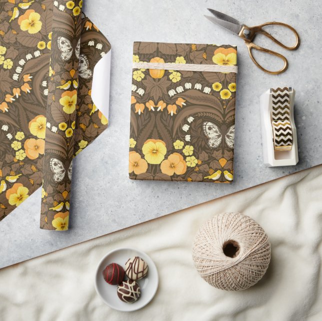 Yellow pansies, birds and butterflies wrapping paper (Crafts)