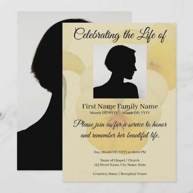 Yellow pansy memorial invitation (Front/Back)