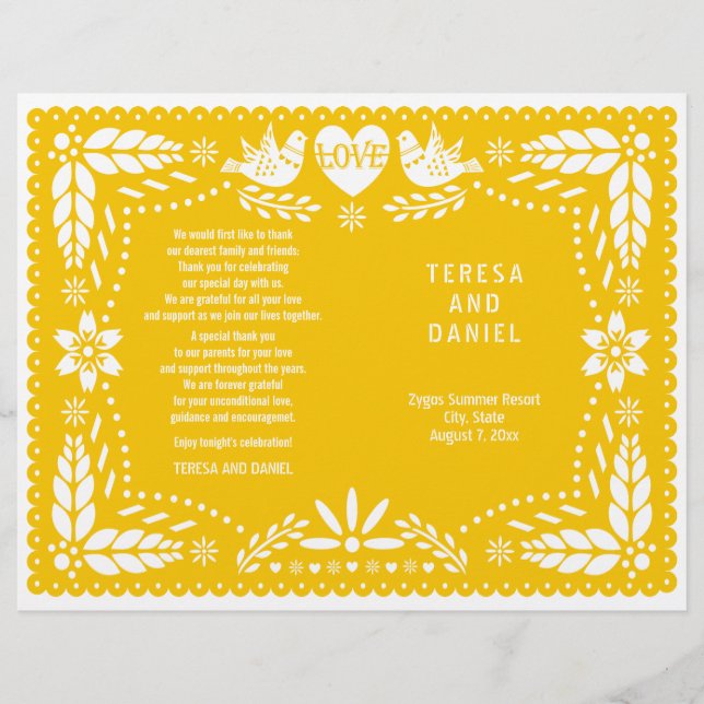 Yellow papel Picado wedding fiesta folded program (Front)