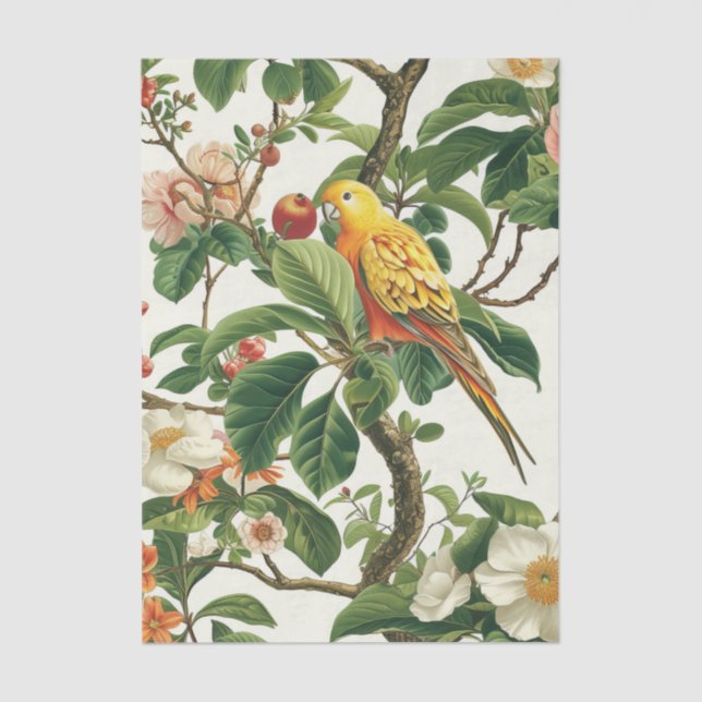 Yellow Parakeet Perched on Tropical Flowers Branch Tissue Paper (Front)
