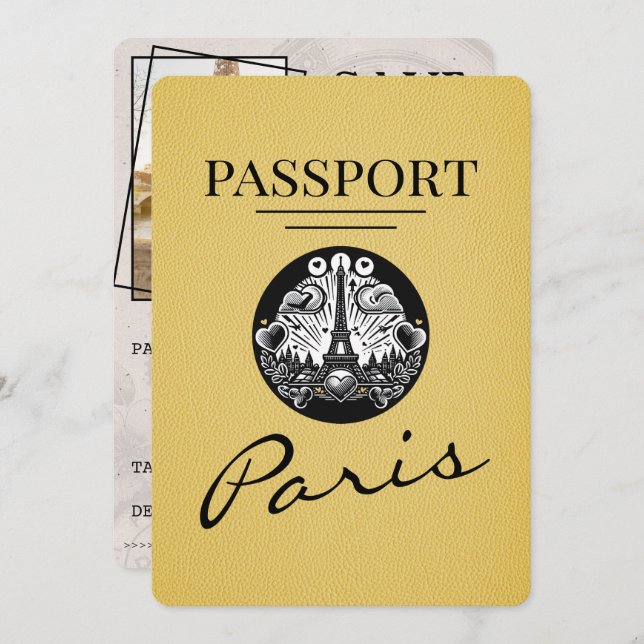 Yellow Paris Passport Save The Date (Front/Back)