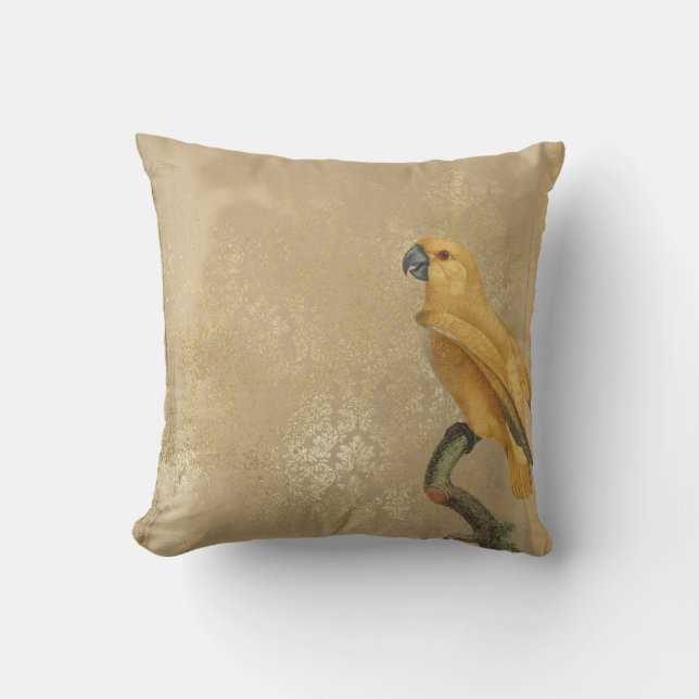Yellow Parrot on Tan and Gold Cushion (Front)