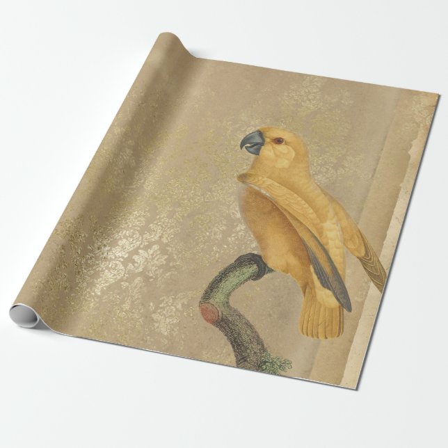 Yellow Parrot on Tan and Gold Wrapping Paper (Unrolled)
