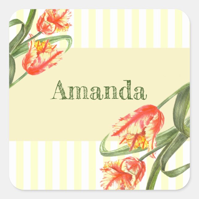 Yellow Parrot Tulips Flower Floral Art Square Sticker (Front)