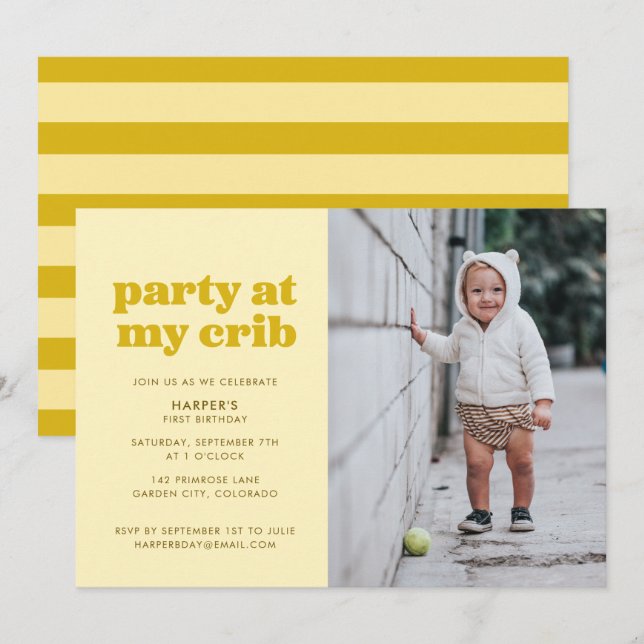 Yellow Party at My Crib 1st Birthday Party Invitation (Front/Back)