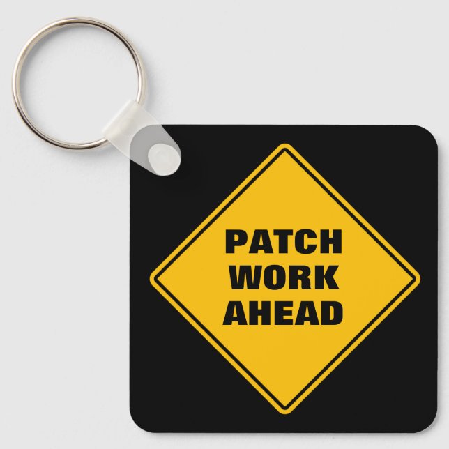 Yellow patch work ahead road sign personalised key ring (Front)