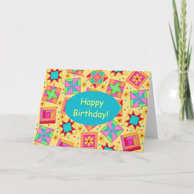 Yellow Patchwork Quilt Art Happy Birthday Card (Front)