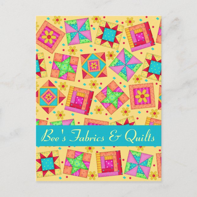 Yellow Patchwork Quilt Art Store Announcement Postcard (Front)