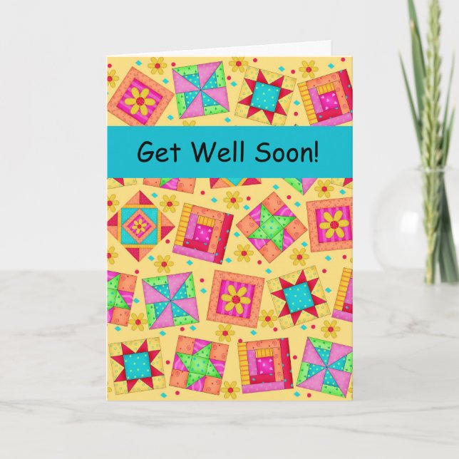 Yellow Patchwork Quilt Block Art Get Well Soon Card (Front)