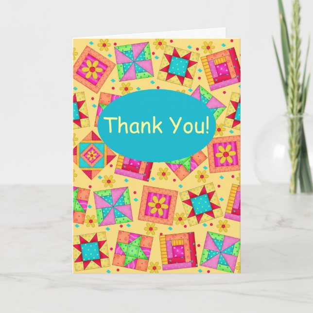 Yellow Patchwork Quilt Block Art Thank You Card (Front)