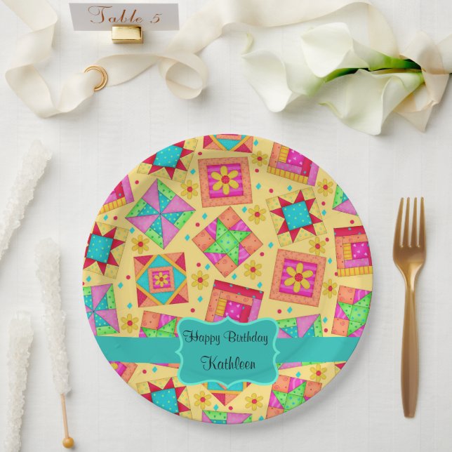 Yellow Patchwork Quilt Block Name Happy Birthday Paper Plate (Wedding)