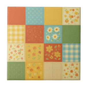 Yellow Patchwork Quilt Rustic Farmhouse Floral Ceramic Tile