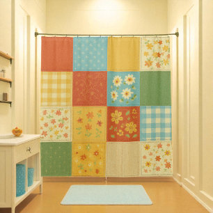 Yellow Patchwork Quilt Rustic Farmhouse Floral Shower Curtain