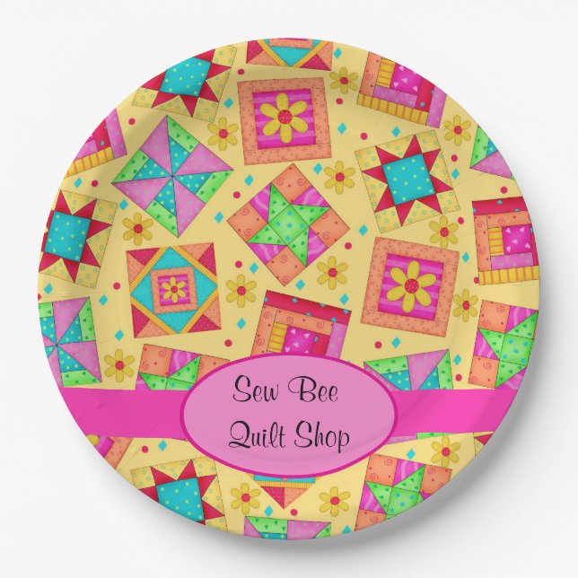 Yellow Patchwork Quilt Shop Customised Party Paper Plate (Front)