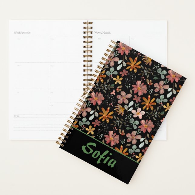 Yellow pattern botanical green name black planner (Display)