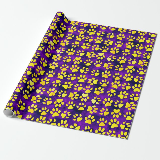 Yellow Paw Prints on Purple - Wrapping Paper (Unrolled)
