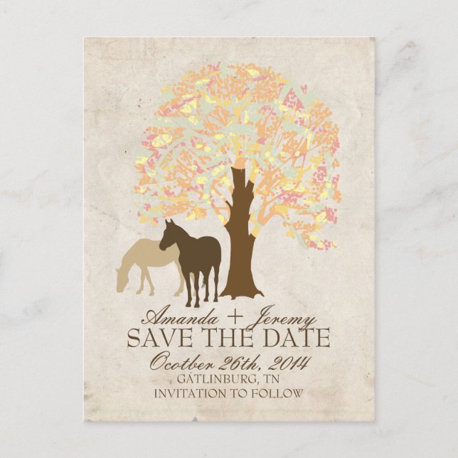 Yellow Peach and Mint Autumn Horses Save The Date Announcement Postcard (Front)