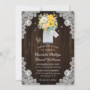 Yellow Peach Floral Wood Lace Rustic Wedding Invitation
