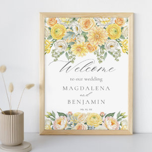 Yellow Peach Flowers Sage Greenery Wedding Welcome Poster