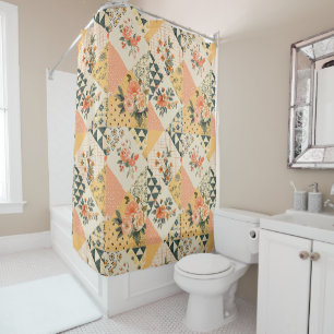 Yellow Peach Patchwork Quilt Rustic Retro Floral Shower Curtain