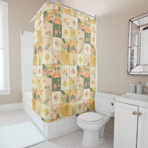 Yellow Peach Patchwork Quilt Rustic Retro Floral  Shower Curtain