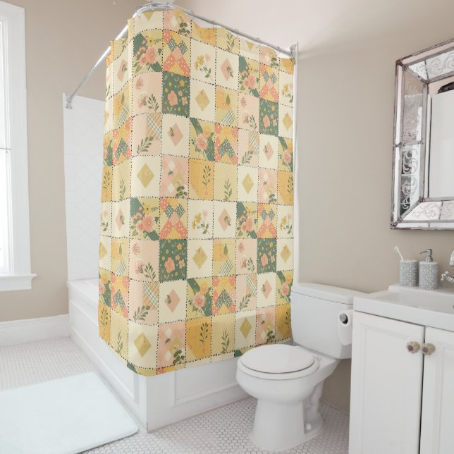 Yellow Peach Patchwork Quilt Rustic Retro Floral  Shower Curtain (In Situ)