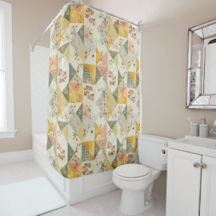 Yellow Peach Patchwork Quilt Rustic Retro Floral  Shower Curtain