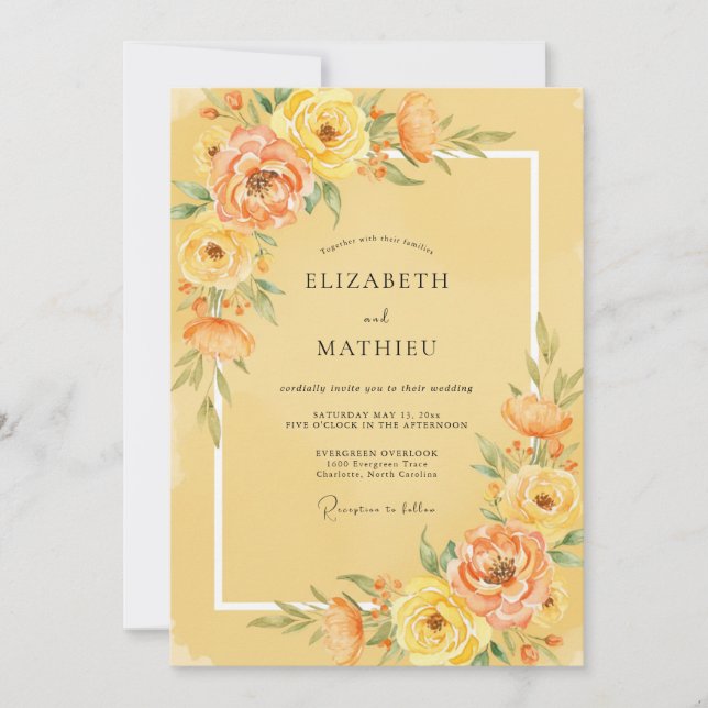 Yellow Peach Peony Wedding Invitation (Front)