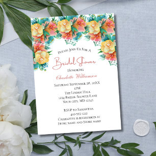 Yellow Peach Pink Greenery Floral Bridal Shower Invitation