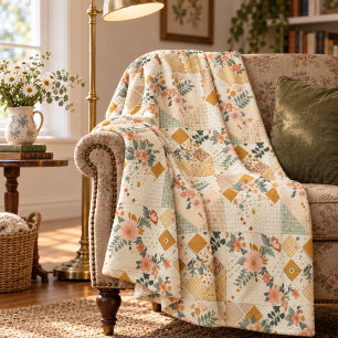 Yellow Peach Quilt Patchwork Gingham Cottagecore Fleece Blanket