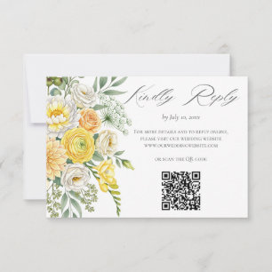 Yellow Peach Sage Green Floral Wedding Website QR  RSVP Card