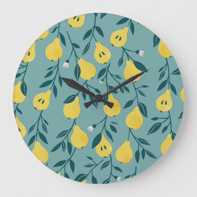 Yellow Pear Fruit: Vintage Background Large Clock (Front)