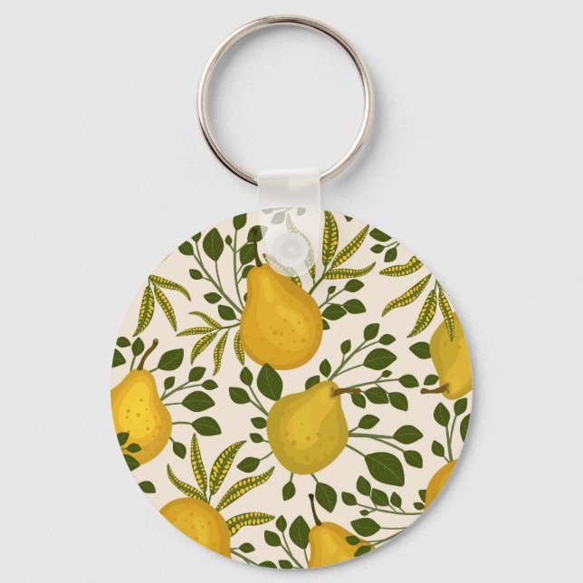 Yellow Pears Leaves White Background Key Ring (Front)