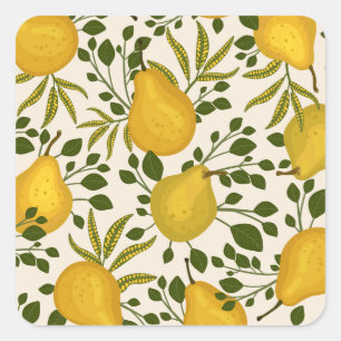 Yellow Pears Leaves White Background Square Sticker